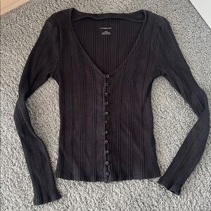 Anthropologie Black Ribbed Button-Up V Neck Shirt